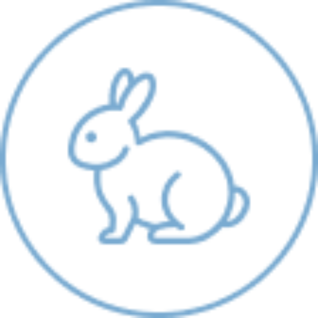A simple blue line drawing of a rabbit sitting, enclosed within a blue circle on a white background.