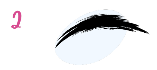 A pink number 2 is on the left, and to the right is a white oval with a bold, black, arched brushstroke resembling an eyebrow.