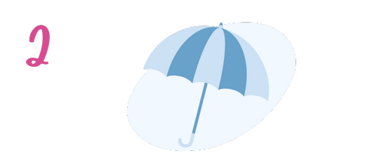 A pink number 2 is on the left, and a blue and light blue striped umbrella with a curved handle is on the right, set against a light background.