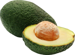 A whole avocado with dark green, bumpy skin sits behind a halved avocado showing its large brown pit and creamy light green flesh, all on a plain white background.