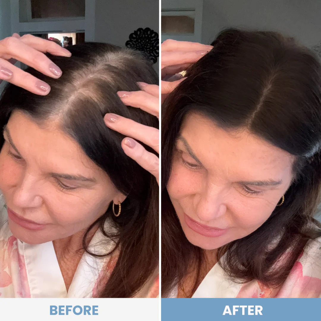 Side-by-side photos of a woman showing her hair part. Left: noticeable gray roots labeled "Before." Right: roots appear darker and more blended with the rest of her hair after using the PrimePrometics™ Instant Glow-Up Duo hairline powder, labeled "After.