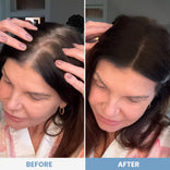 Side-by-side photos of a woman showing her hair part. Left: noticeable gray roots labeled "Before." Right: roots appear darker and more blended with the rest of her hair after using the PrimePrometics™ Instant Glow-Up Duo hairline powder, labeled "After.