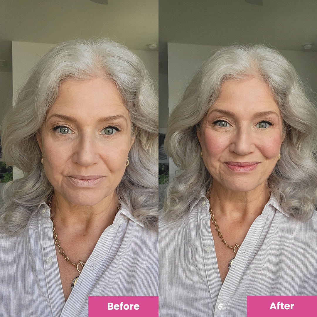 Split image of a woman with gray hair; left side labeled Before shows minimal makeup, right side labeled After shows enhanced makeup with rosier cheeks, defined brows, and pink lipstick. Both sides have similar lighting and expressions.