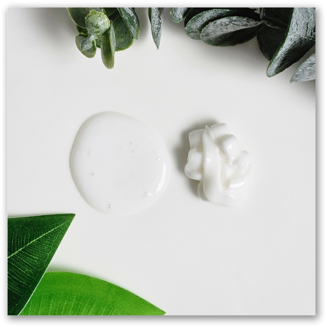 A flat lay of two types of white skincare creams on a white surface, surrounded by green leaves and eucalyptus branches in the corners.