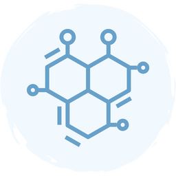 A simplified blue line drawing of a chemical molecule structure with three connected hexagons and several small circles at the edges, set against a light circular background.
