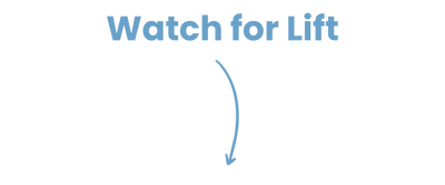 Light blue text reads Watch for Lift above a downward curved arrow, all on a light gray background.