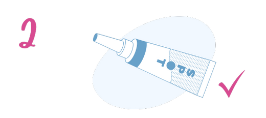 Illustration of a tube of ointment or cream with a blue label, surrounded by a pink curved arrow on the left and a pink checkmark on the right.