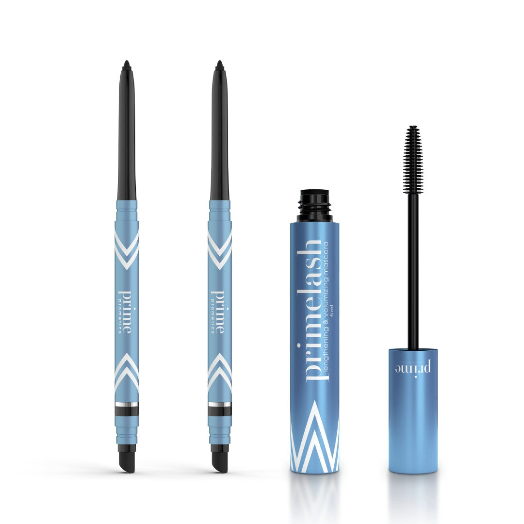 The PrimePrometics™ 2 pcs Eyeliners + Mascara set features two twist-up eyeliners with smudger tips and a black mascara with a brush wand, all displayed against a white background.