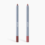 Two mauve 2-in-1 Velvet Lip Contour pencils from PrimePrometics™ feature gray bodies and rose bases, standing upright on white—ideal for defining lip contour and perfect for mature lips.