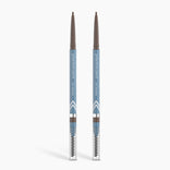 Two retractable PrimePrometics™ 2pcs PrimeBrow Pencil feature spoolie brushes on one end and brown color on the other, with light blue packaging and white text standing upright against a clean white background.