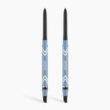 Two blue PrimePrometics™ 2pcs PrimeEyes Glide Eyeliners with white chevron designs and black tips stand upright on a white background—ideal pro-age, water-resistant eyeliners for mature eyelids.