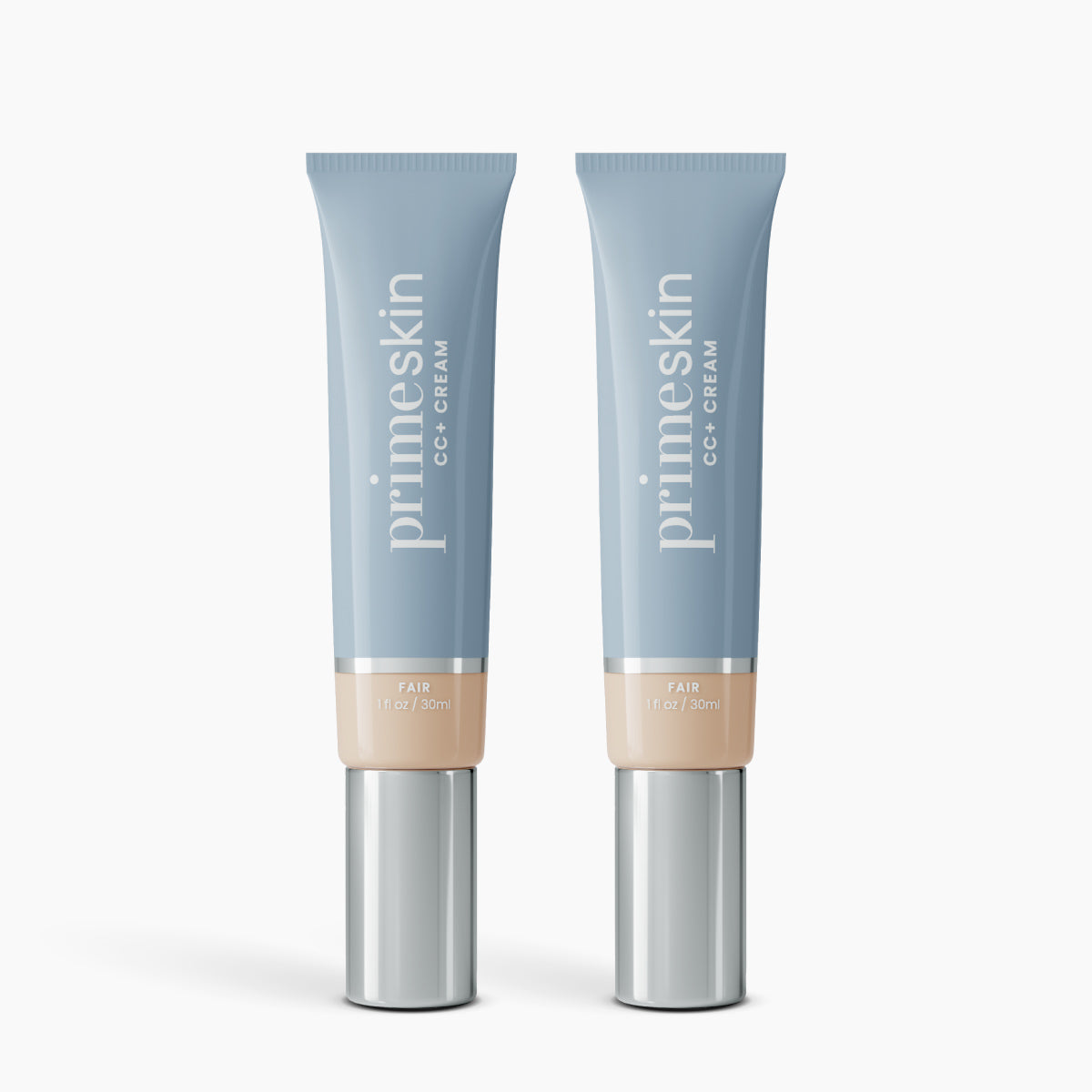 Two tubes of PrimePrometics™ 2pcs PrimeSkin CC+ Cream in Fair, with blue bodies, beige bases, and silver caps, stand upright on a white background. This cream blurs pores and offers flawless foundation coverage for women over 50.