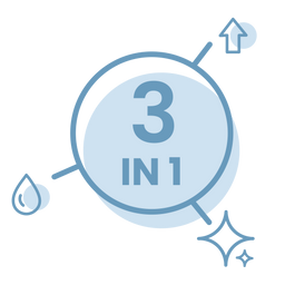 Light blue 3 in 1 icon featuring a water drop, upward arrow, and sparkle symbols around a large circle, suggesting multiple benefits or functions.