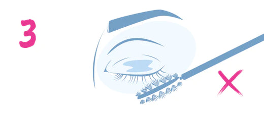 Illustration showing a mascara wand with a pink X next to an eye, indicating not to apply mascara to the lower lashes. The number 3 is in pink on the left side.