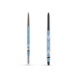 Two blue Ship-Shape Duo pencils by PrimePrometics™ stand upright: the left is a brow pencil with spoolie, the right is an eyeliner. Both feature white chevron patterns on their barrels.