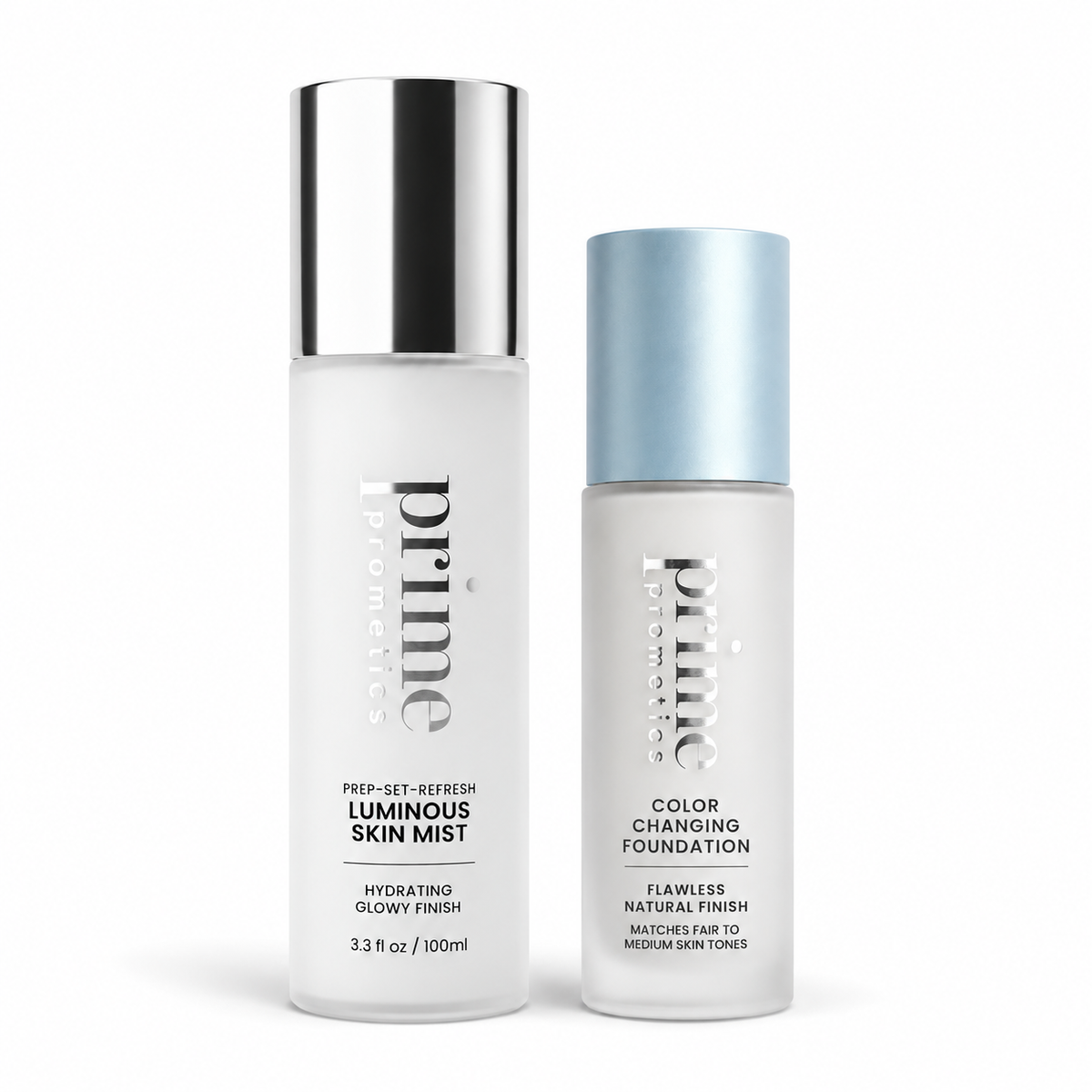 The PrimePrometics™ No Touch-Ups Needed Duo consisting of a bottle of luminous skin mist next to a smaller bottle of color-changing foundation.