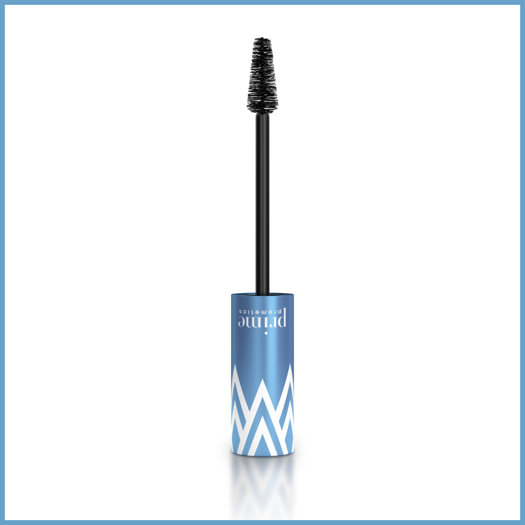 A tube of mascara with a blue and white chevron-patterned cap labeled Prime Cosmetics, shown with the wand standing upright. The background is white with a light blue border.