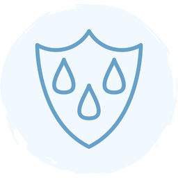 A blue outline of a shield with three water droplets inside, symbolizing water resistance or protection against water, on a light background.