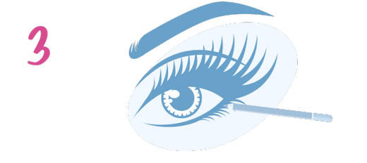 Illustration of an eye with long lashes, eyebrow above, and a makeup brush applying eyeliner to the lower lash line. A pink number 3 appears to the left of the eye.