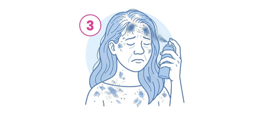 Illustration of a woman spraying her face with a can, eyes closed, with dark blotches on her skin and hair. A circled number 3 is shown to the left of her head.