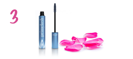 A blue tube of Primelash mascara with its wand beside pink rose petals on a white background. The number 3 is displayed in pink on the left side of the image.
