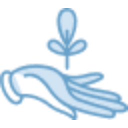 A light blue line drawing of an open hand facing upward with a small plant sprouting above the palm, symbolizing care and growth.