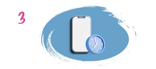A smartphone with a clock icon in front of it sits on a blue, paint-brush styled background. A pink number 3 is to the left of the image.