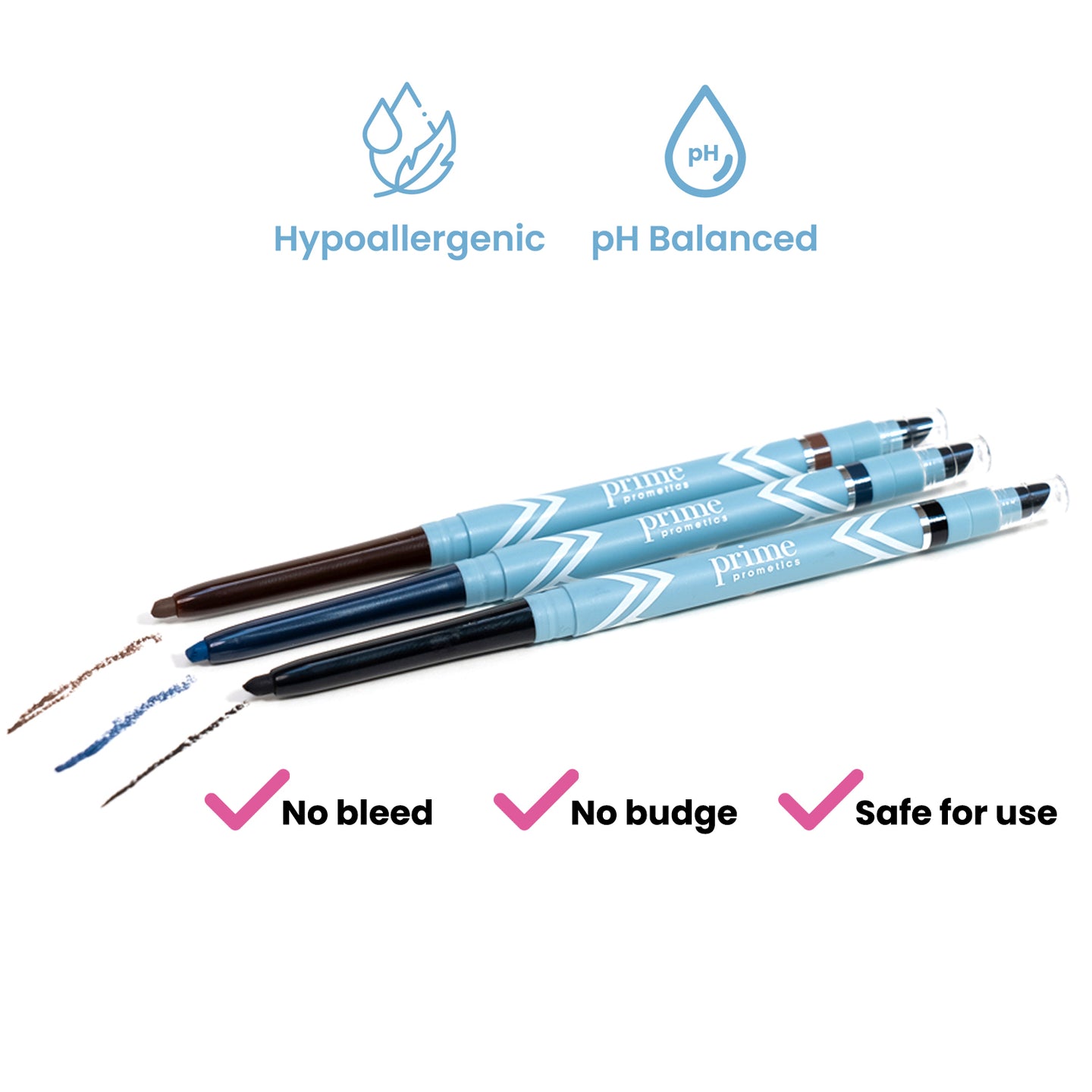 Three blue retractable eyeliners with swatches of brown, black, and blue shades. Icons and text indicate they are hypoallergenic, pH balanced, no bleed, no budge, and safe for use.