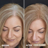 Side-by-side photos of a woman’s hair roots before and after using PrimePrometics™ Instant Confidence Duo. The left image highlights noticeable gray roots, while the right showcases seamlessly blended, dark blonde roots thanks to instant coverage. In both images, the woman is looking down.