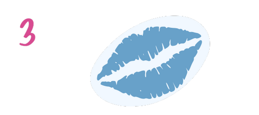 A blue lipstick kiss mark inside an oval shape, with a pink number 3 to the left on a light background.