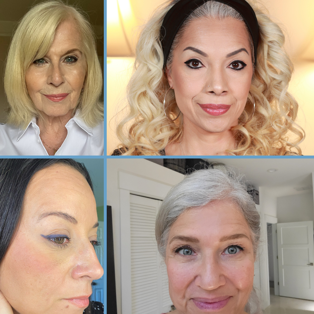 A collage of four women with gray or white hair, each posing for a portrait. One has straight shoulder-length hair, one has long blonde curls, one shows a profile with winged eyeliner, and one smiles with light gray hair in a bun.