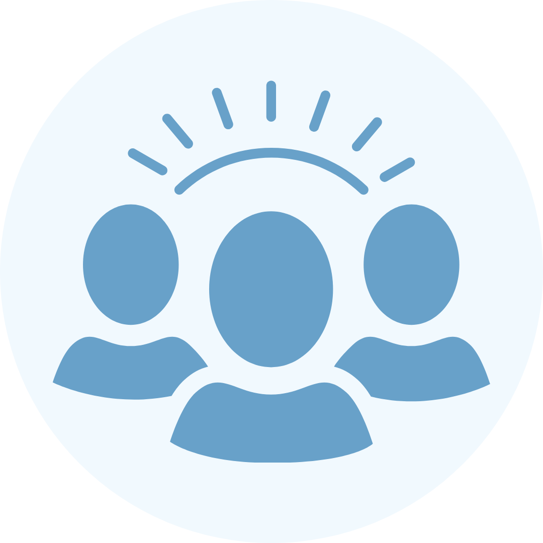 Blue icon of three people in a row with rays and a curved line above the central figure, symbolizing teamwork, collaboration, or community on a light background.