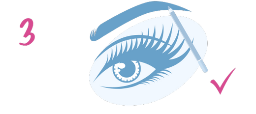 Illustration of an eye with an eyebrow pencil defining the eyebrow, a pink number 3 on the left, and a pink check mark on the right, suggesting step 3 of an eyebrow makeup routine.