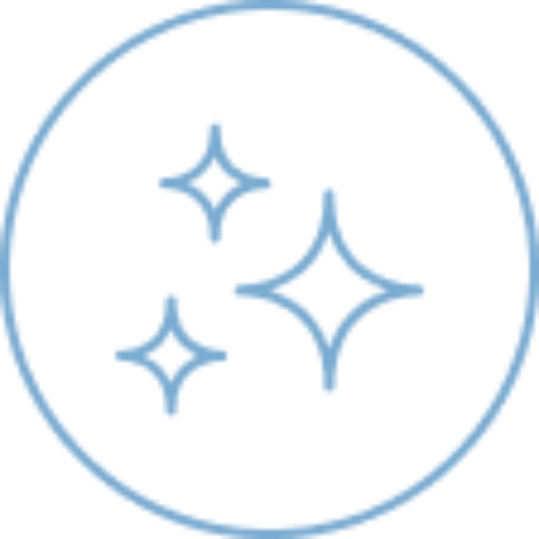A simple blue outline of three sparkling stars inside a blue circle on a white background.