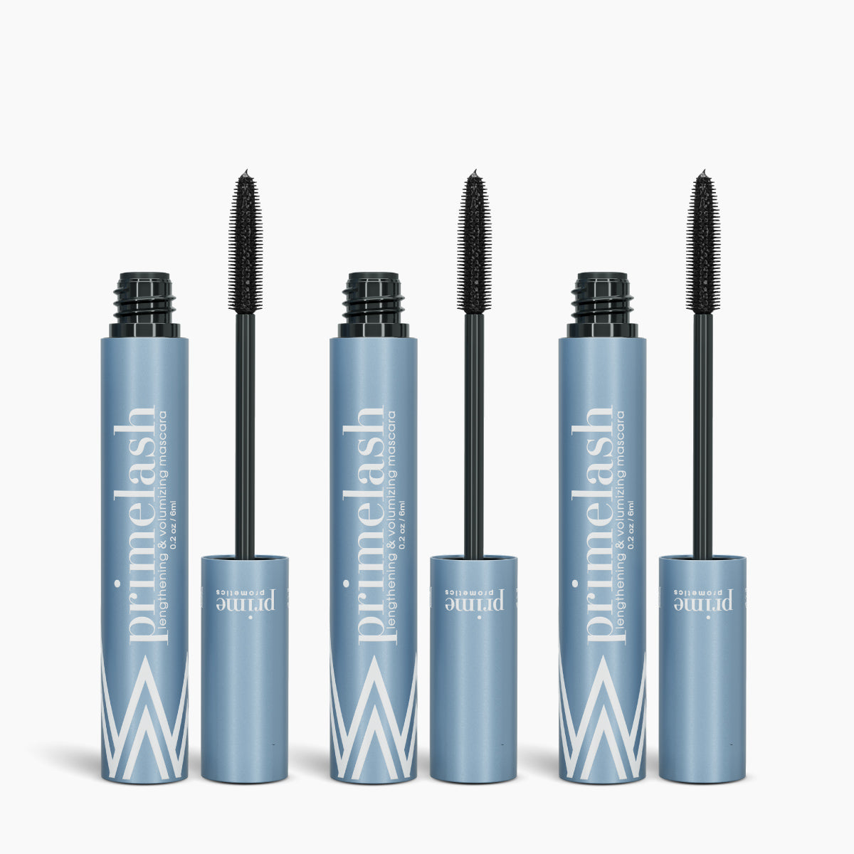 Three open tubes of PrimePrometics™ 3pcs PrimeLash Mascara, featuring a blue and white design, are lined up side by side with their black mascara wands on display.