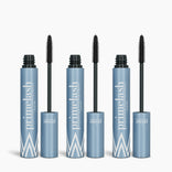 Three open tubes of PrimePrometics™ 3pcs PrimeLash Mascara, featuring a blue and white design, are lined up side by side with their black mascara wands on display.