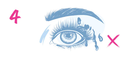 Illustration of an eye with mascara running down from tears, a pink number 4 on the left, and a pink X on the right.