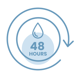 A blue outline of a droplet above the text 48 HOURS inside a circular arrow, suggesting a 48-hour water or hydration cycle.