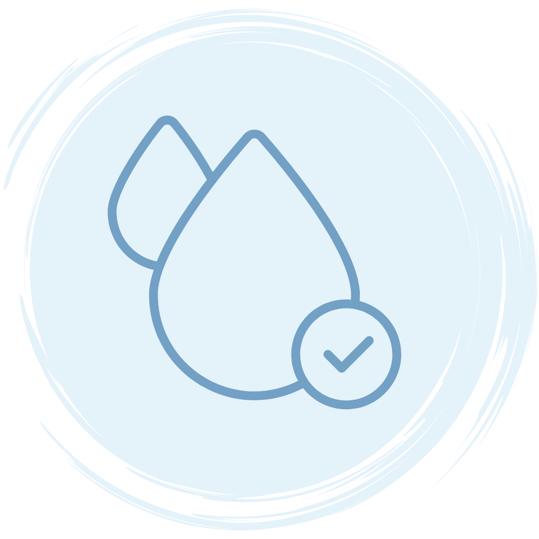 Blue outline of two water droplets with a checkmark inside a circle overlapping the front droplet, set against a light blue circular background with soft brushstroke edges.