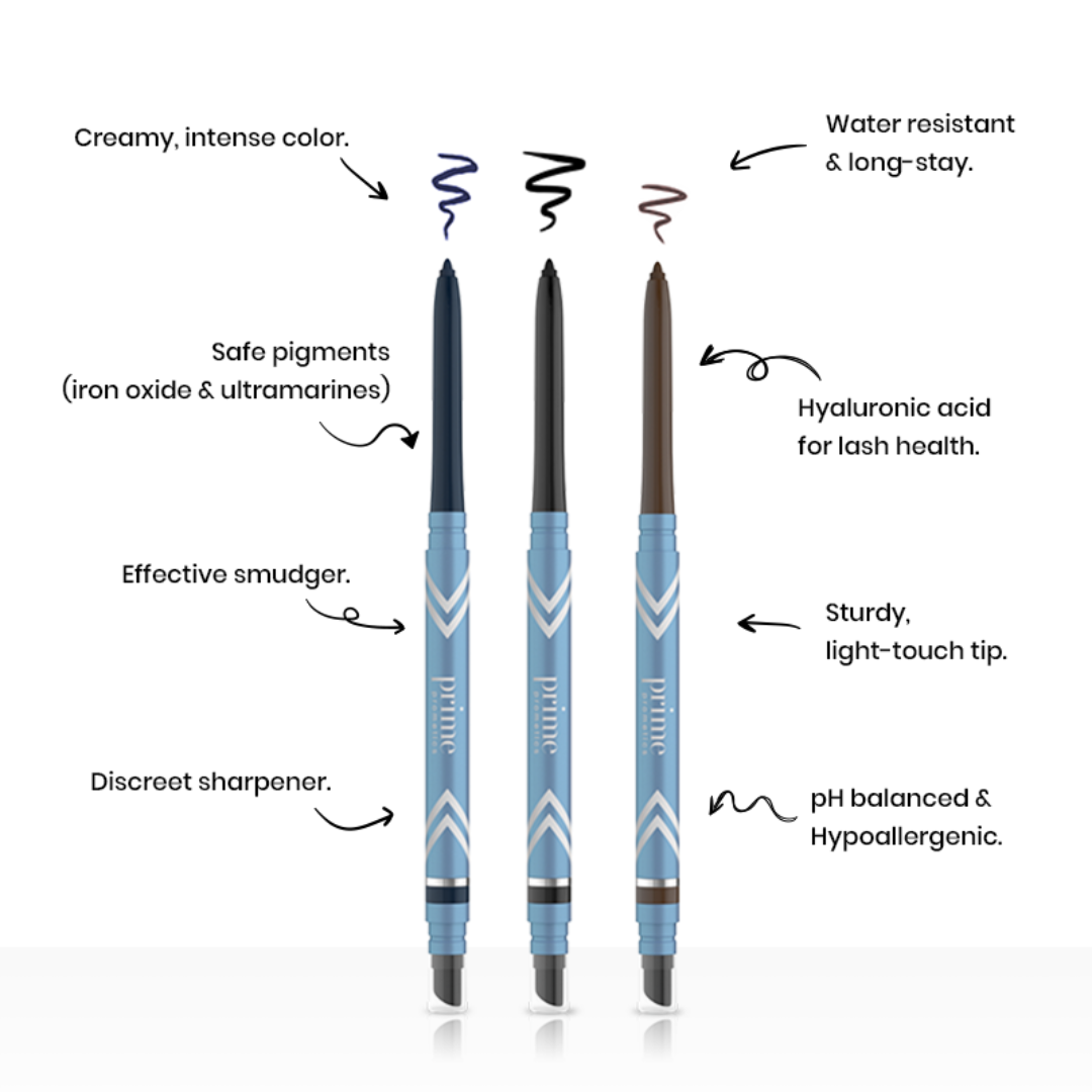 Three colored eyeliner pencils (navy, black, brown) with features labeled: creamy intense color, water resistant, safe pigments, smudgeable, hyaluronic acid, sturdy tip, discreet sharpener, pH balanced, and hypoallergenic.
