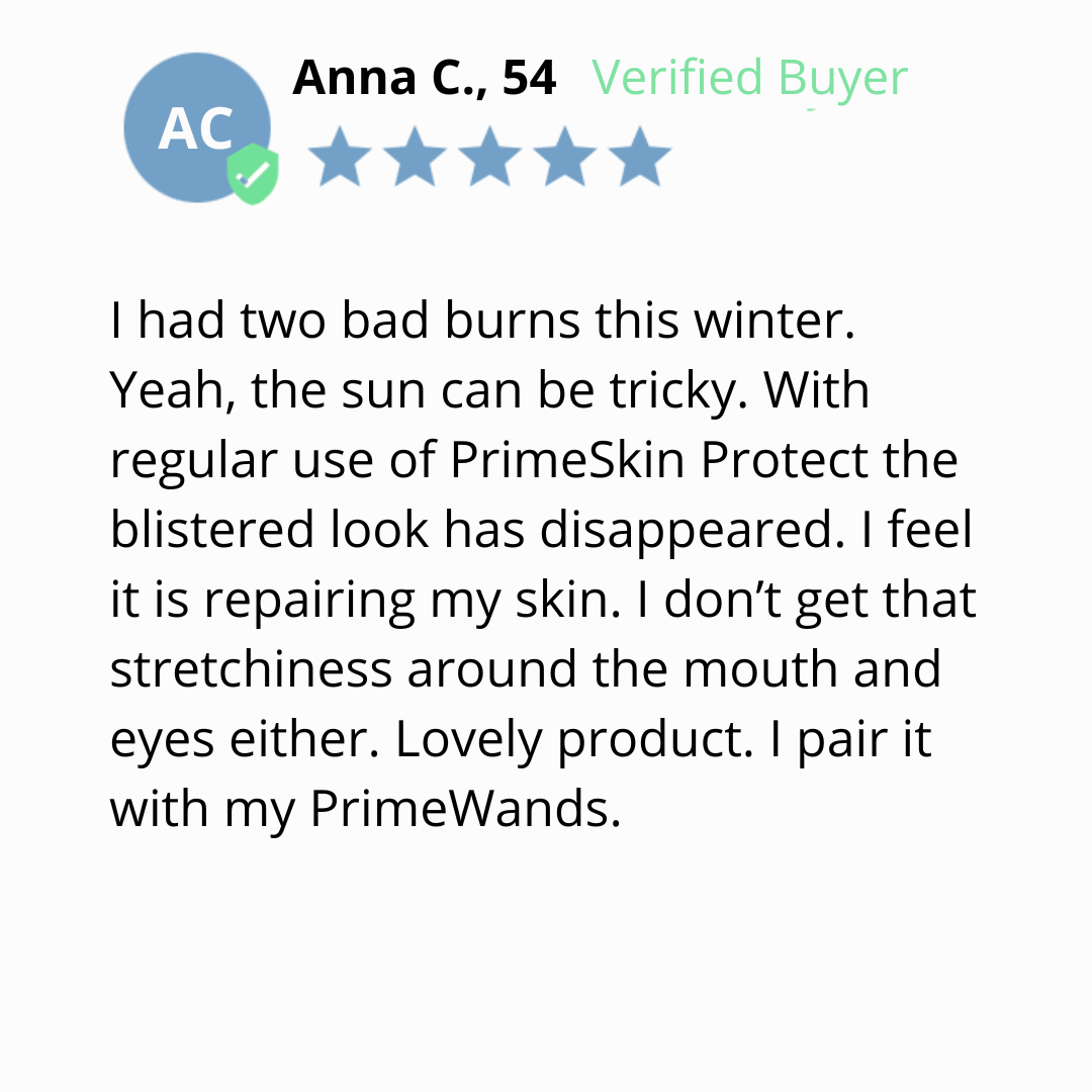 A review by Anna C., age 54, a verified buyer, giving five stars. She describes having two bad sunburns, using PrimeSkin Protect, and seeing improved, healthier skin, especially around her mouth and eyes.