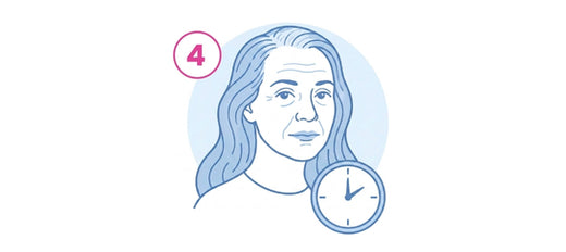Line drawing of an older woman with long hair and a neutral expression, with a clock showing 4:00 and a pink number 4 in a circle above her left shoulder.
