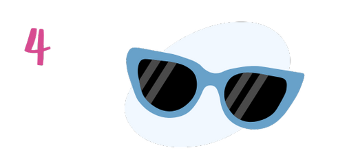 A pink number 4 next to a pair of blue cat-eye sunglasses with black lenses and white glare marks, set against a light background.