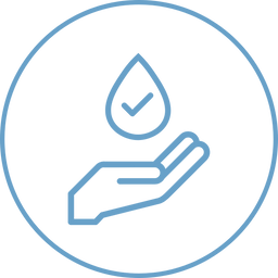 A blue outline of a hand holding a water droplet with a check mark inside, all enclosed in a blue circle. The image represents clean water or water safety.