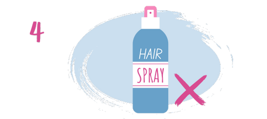Illustration of a blue hairspray bottle with HAIR SPRAY written on it, a large pink X beside it, and the number 4 in pink on the left.