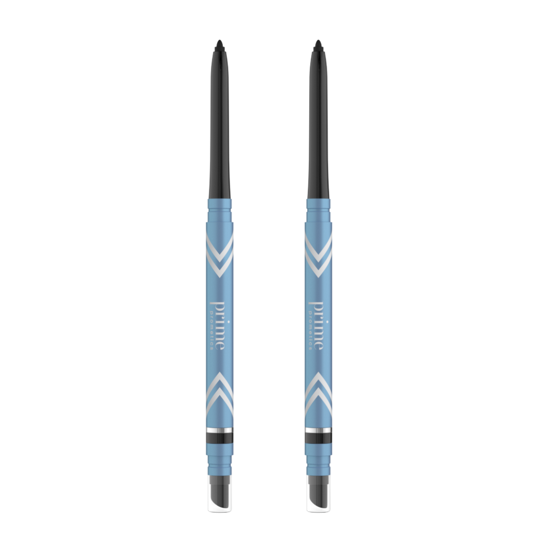Two PrimePrometics™ PrimeEyes Glide Eyeliners stand side by side, featuring blue barrels with black tips and white chevrons. Water-resistant and ideal for mature eyelids, this 2pcs set is perfect for smooth application.