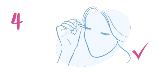 Line drawing of a person applying something to their closed eyelid with one hand. A pink number 4 and a pink checkmark are visible on the left and right sides of the image.