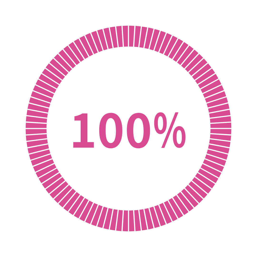 A pink circular progress bar fully completed at 100%, with 100% written in large pink numbers in the center on a white background.