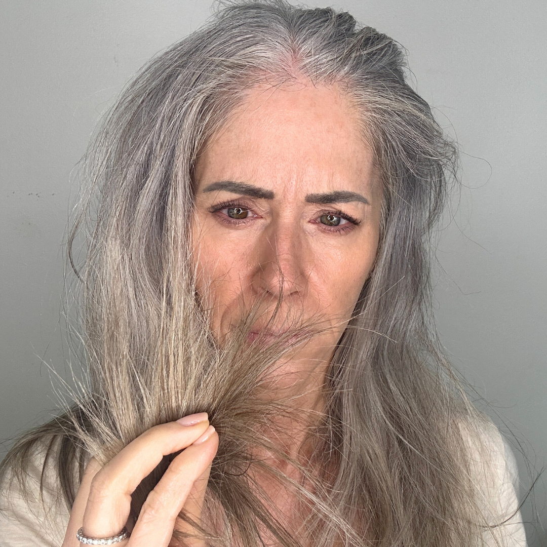 A woman with long gray hair looks concerned while holding the ends of her hair up for inspection against a plain background.