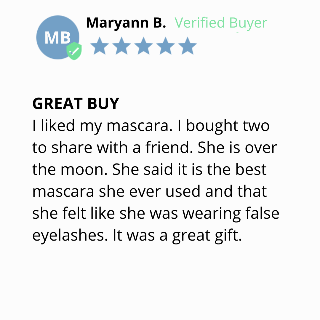 A customer review from Maryann B., a verified buyer, giving a 5-star rating. The review says the mascara was a great buy and describes positive feedback from her and her friend, calling it the best mascara she ever used.